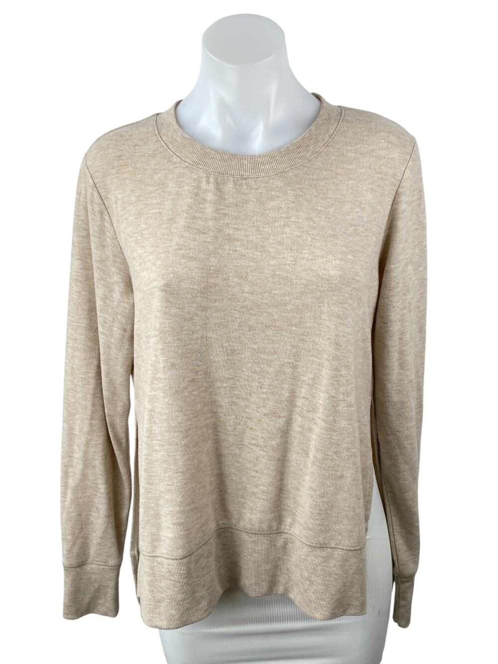 Alo Yoga Women's Beige Long Sleeve Side Slit Crew Neck Sweater Sweatshirt Top S